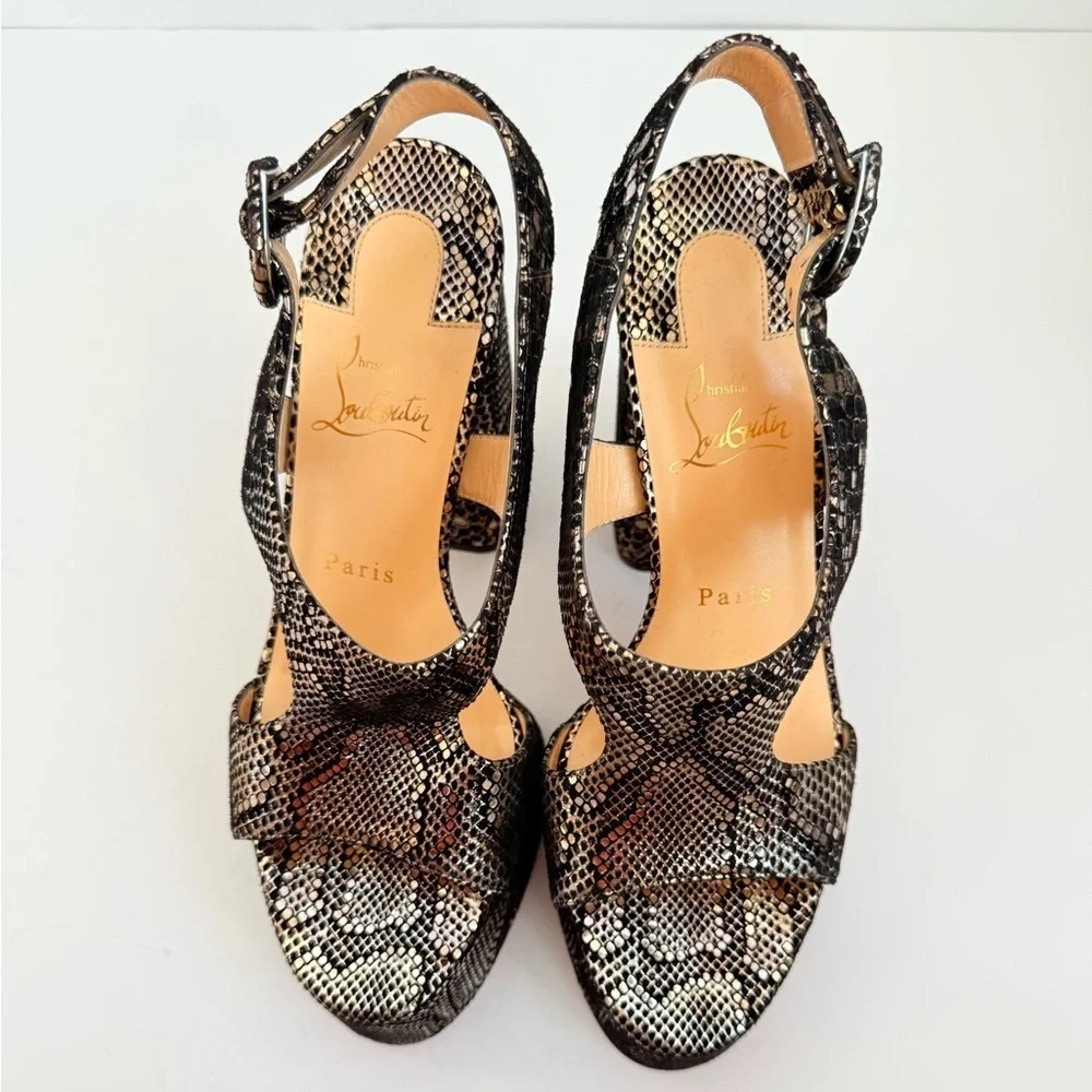 Christian Louboutin Black Gold Snakeskin Foolish 130 Platform Sandals EU 38.5